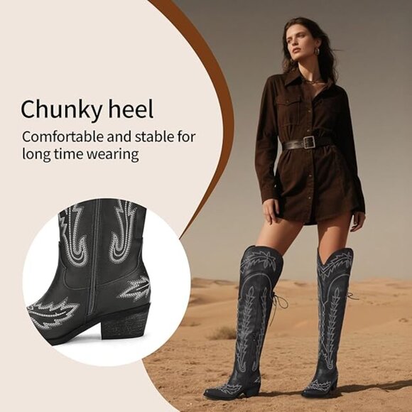 Thigh High Cowboy Boots with Lace Up Wide Calf Over The Knee Cowgirl Boot - Picture 6 of 7